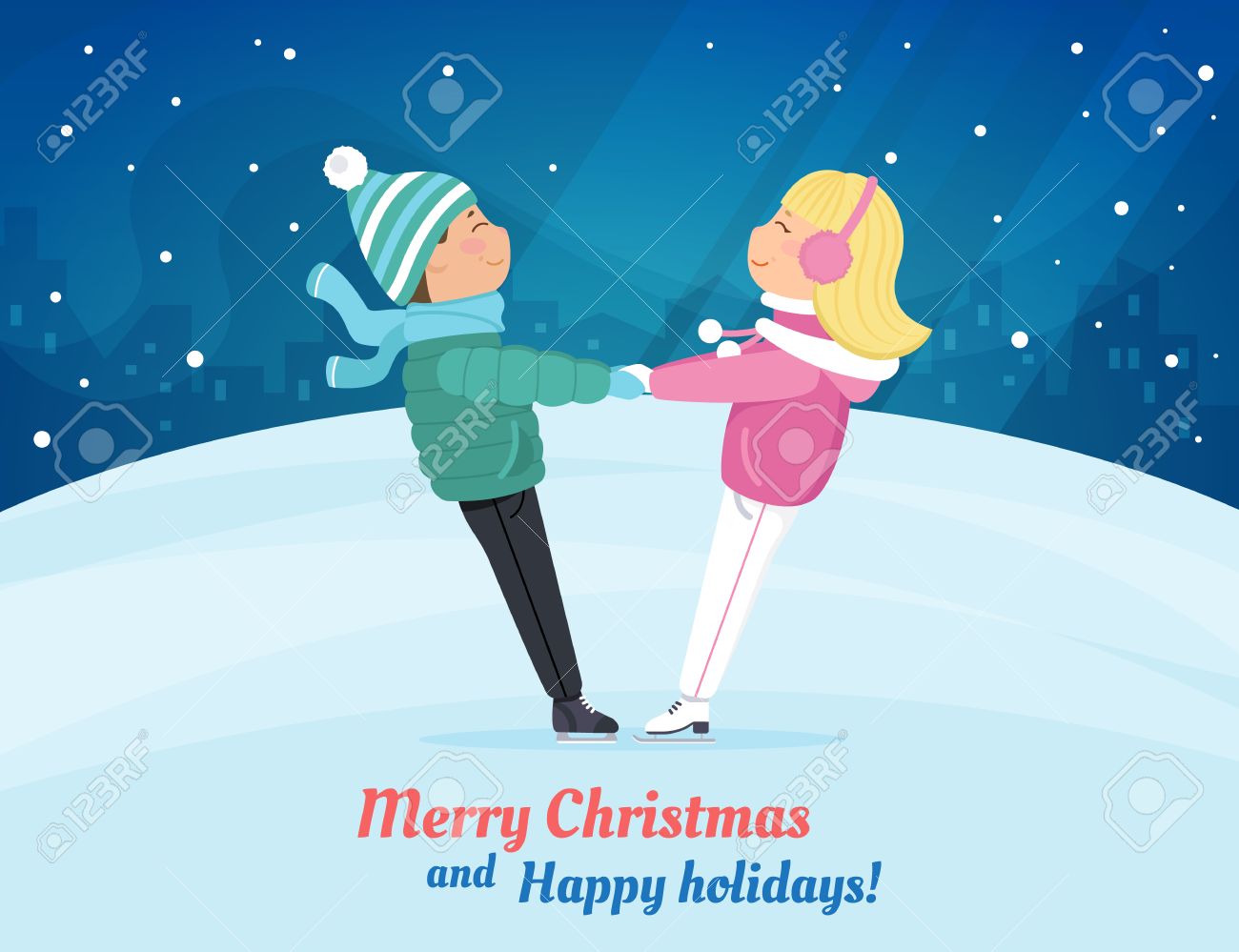 two cute children skating at ice rink christmas flat design ice rink flyer