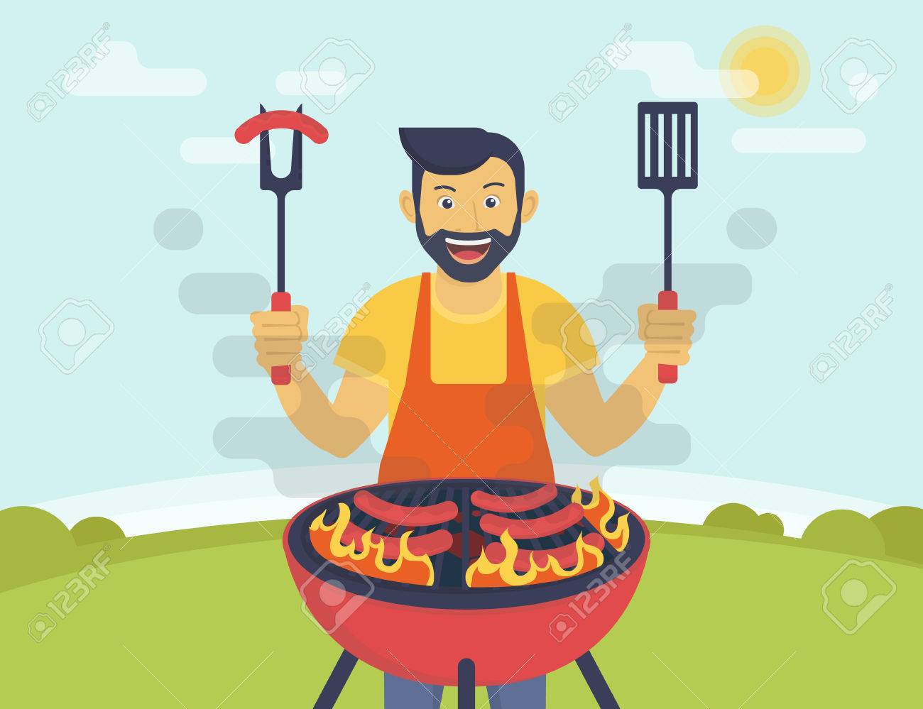 q Party Flat Illustration Of Smiling Guy Is Cooking Sausages Barbecue Outdoors Funny Hipster Wearing Beard Is Cooking q For His Friends Royalty Free Cliparts Vectors And Stock Illustration Image