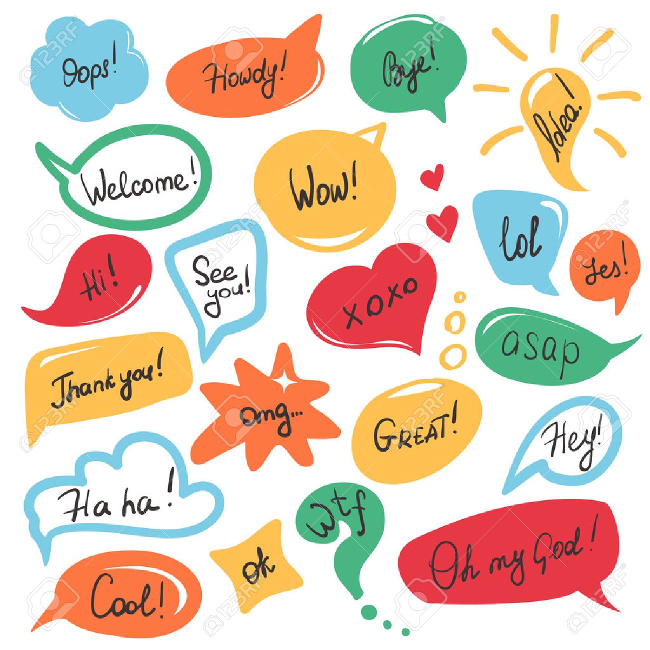 Hand drawn speech bubbles and stickers set with handwritten short messages and friendly phrases isolated on white - 48959327 Hand drawn speech bubbles and stickers set with handwritten short messages and friendly phrases isolated on white - 48959327