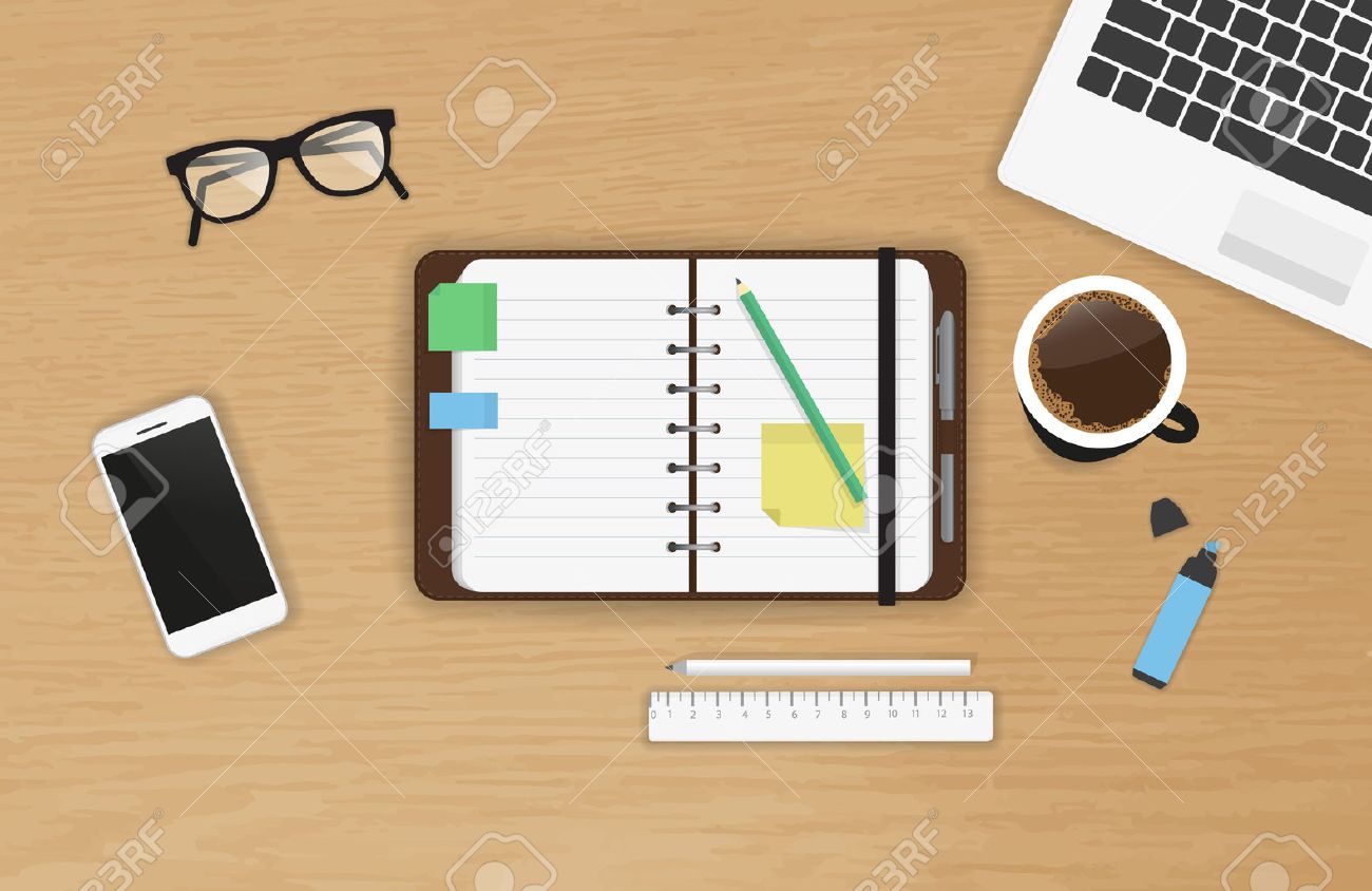 Realistic work desk organization with open diary and stickers for notes on the wooden textured table. Top view with cup of coffee, laptop, smartphone and pencil to write note and remarks - 51306450 Realistic work desk organization with open diary and stickers for notes on the wooden textured table. Top view with cup of coffee, laptop, smartphone and pencil to write note and remarks - 51306450