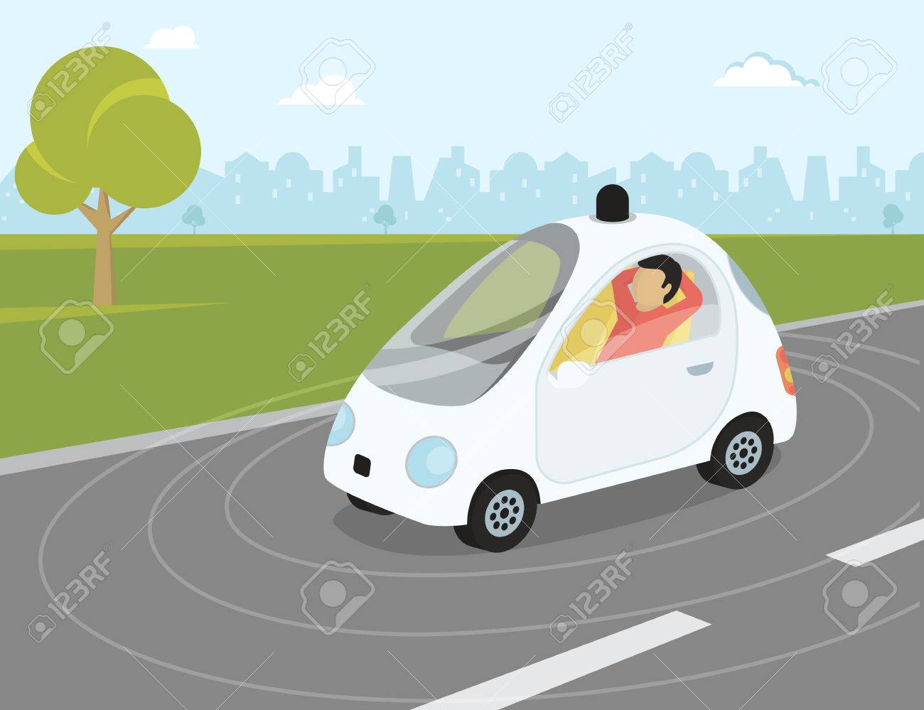 Flat Flat Modern Illustration Of Self Driving Intelligent Driverless Car Goes Through The City With Happy Passenger Relaxing Into The Car のイラスト素材 ベクタ Image