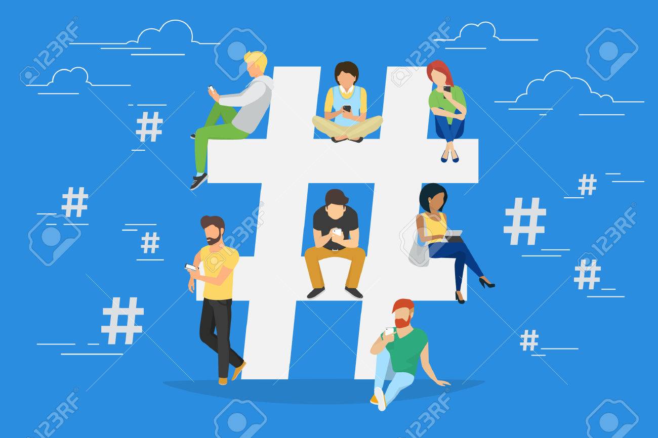 Hashtag concept illustration of young various people using mobile gadgets such as tablet pc and smartphone for hashtags sharing via internet. Flat design of guys and women near big hashtag symbol - 57533202 Hashtag concept illustration of young various people using mobile gadgets such as tablet pc and smartphone for hashtags sharing via internet. Flat design of guys and women near big hashtag symbol - 57533202