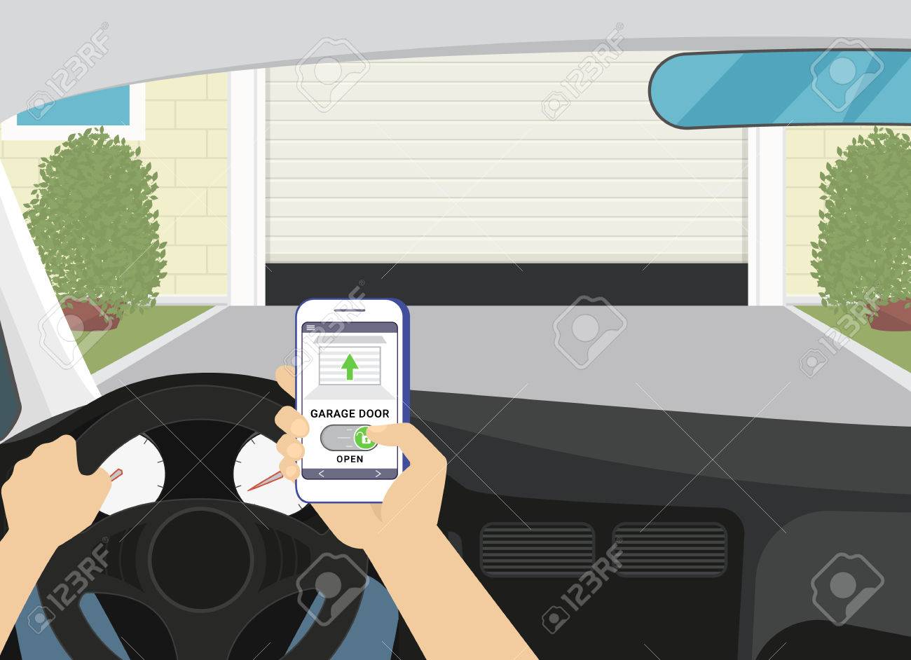 Remote access via smartphone mobile app to the garage door. Flat illustration of human hand holds smartphone with mobile app for remote household control. Man unlocks garage door sitting in the car - 57835643 Remote access via smartphone mobile app to the garage door. Flat illustration of human hand holds smartphone with mobile app for remote household control. Man unlocks garage door sitting in the car - 57835643