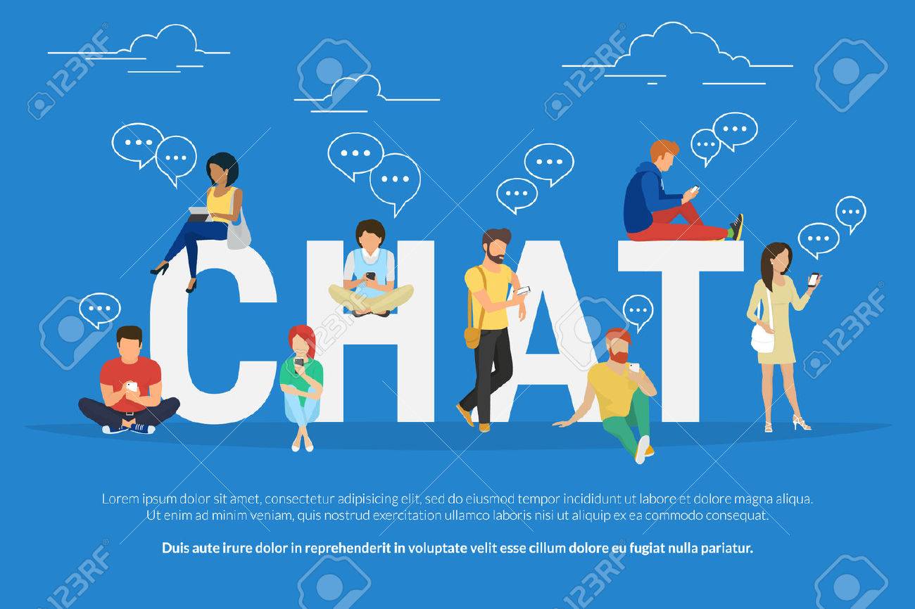 Chat concept illustration of young various people using mobile gadgets such as tablet pc and smartphone for texting messages each other via internet. Flat guys and women standing near big letters chat - 58800782 Chat concept illustration of young various people using mobile gadgets such as tablet pc and smartphone for texting messages each other via internet. Flat guys and women standing near big letters chat - 58800782