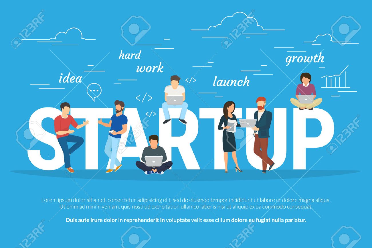 Startup concept flat illustration of business people working as team to launch the business. Young men have an idea, programmer works hard, managers and others promote the project using laptops - 61726378 Startup concept flat illustration of business people working as team to launch the business. Young men have an idea, programmer works hard, managers and others promote the project using laptops - 61726378