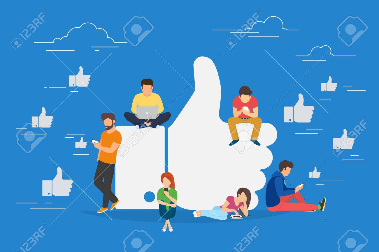 I like it concept illustration of young people using mobile gadgets such as laptop, tablet pc and smartphone for social networking and blogging. Flat design of guys and women near big symbol - 66758706 I like it concept illustration of young people using mobile gadgets such as laptop, tablet pc and smartphone for social networking and blogging. Flat design of guys and women near big symbol - 66758706