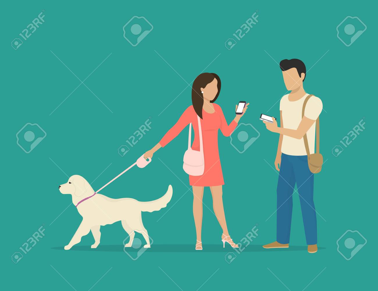 若い女性が犬を連れて歩いて 彼女の男性の友人に会った 人々 のコミュニケーションとスマート フォンとメッセージを使用して データを共有のフラットのイラストのイラスト素材 ベクタ Image