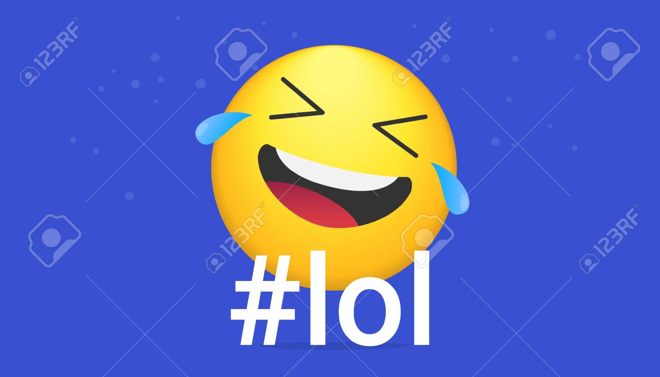 チャット、メッセンジャーやネットワークのための笑顔の絵文字アイコンのハッシュタグ笑明るいベクトルコンセプトイラスト。青いネオンの背景に隔離されたフラットポジティブな大声で笑う感情シンボルのイラスト素材・ベクター  Image 125099705