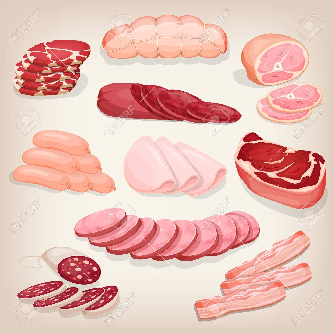 Collection of various delicious meat products. Restaurant menu illustration. - 53995258 Collection of various delicious meat products. Restaurant menu illustration. - 53995258