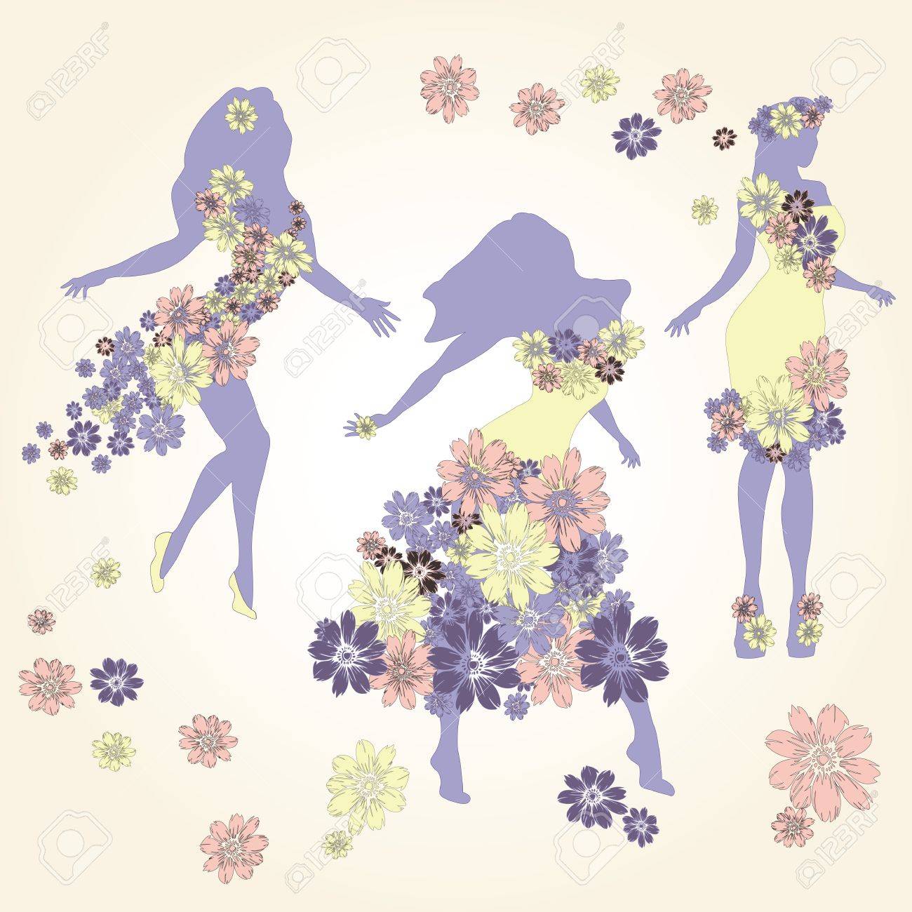 花で作られたドレスを着て踊っている女の子のイラスト素材 ベクタ Image