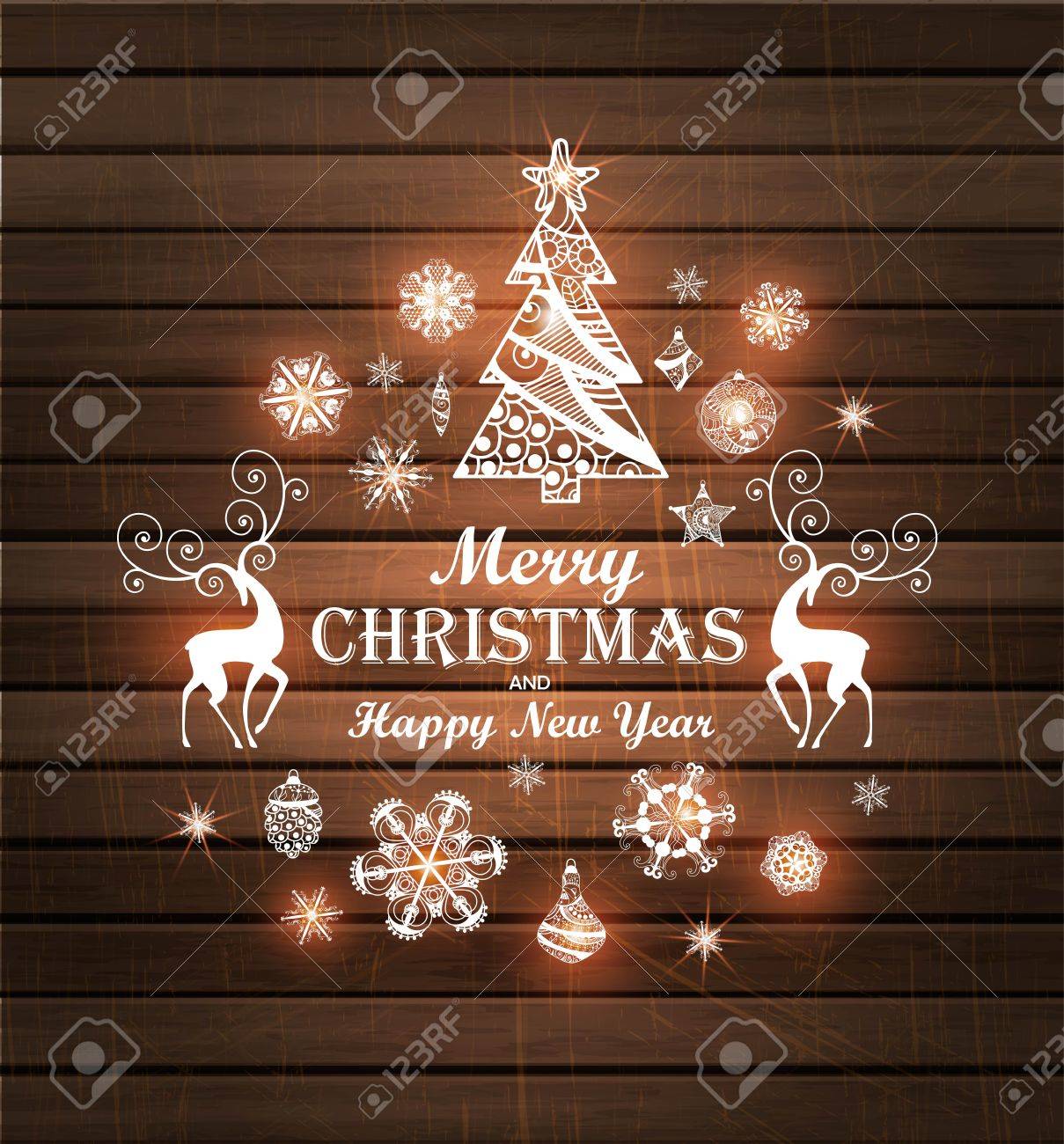 Joyeux Noel Et Bonne Annee Bois Fond Avec Arbre De Noel Cerf Flocons De Neige Illustration Clip Art Libres De Droits Vecteurs Et Illustration Image