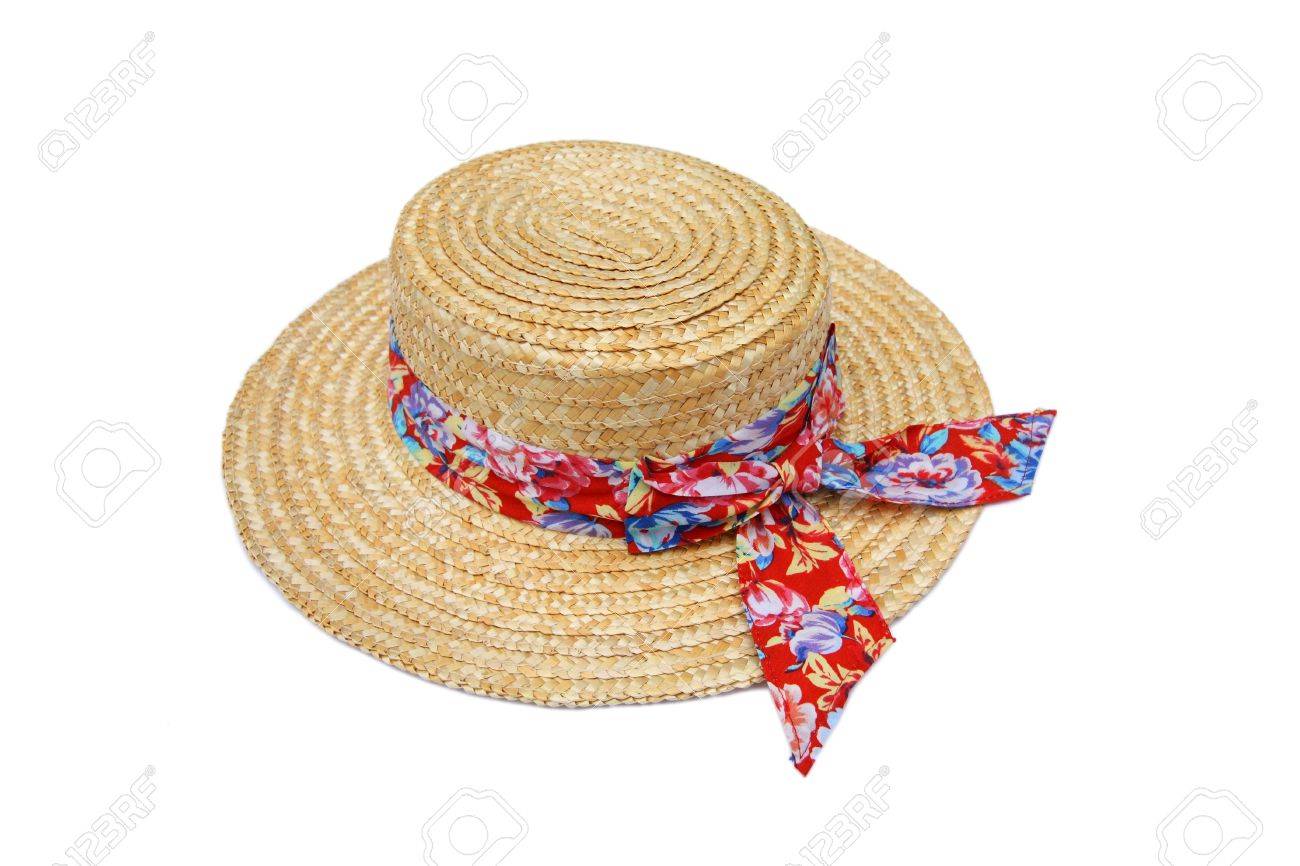夏の麦わら帽子に白で隔離赤いリボン の写真素材 画像素材 Image