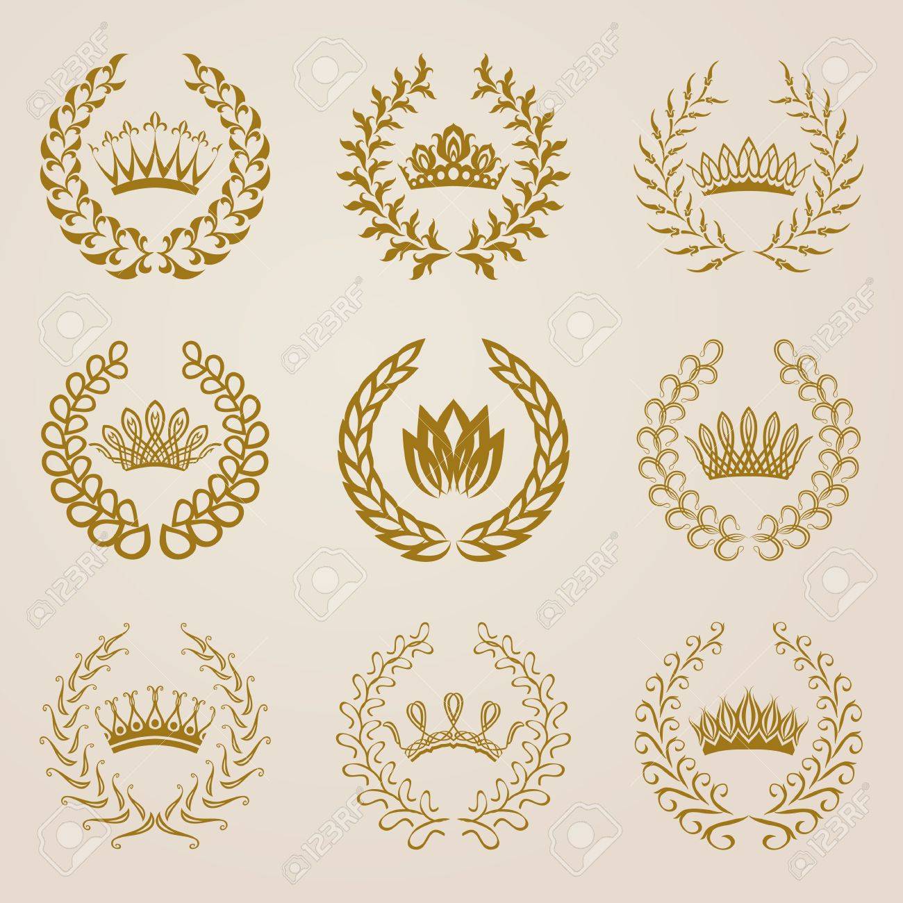 Set Of Vector Golden Laurel Wreaths Crowns Page Decoration Heraldic Symbol Floral Elements For Design Of Diploma Certificate Logo Vector Illustration In Vintage Style Royalty Free Cliparts Vectors And Stock Illustration Image