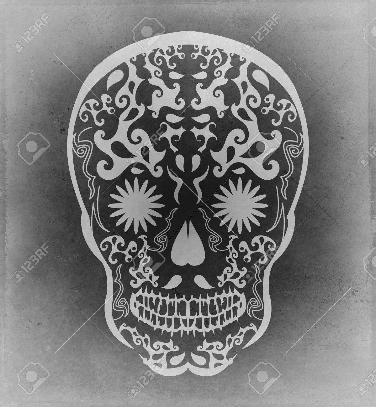 メキシコの伝統的な頭蓋骨キャンディ イラスト 白黒グランジ ポスター の写真素材 画像素材 Image