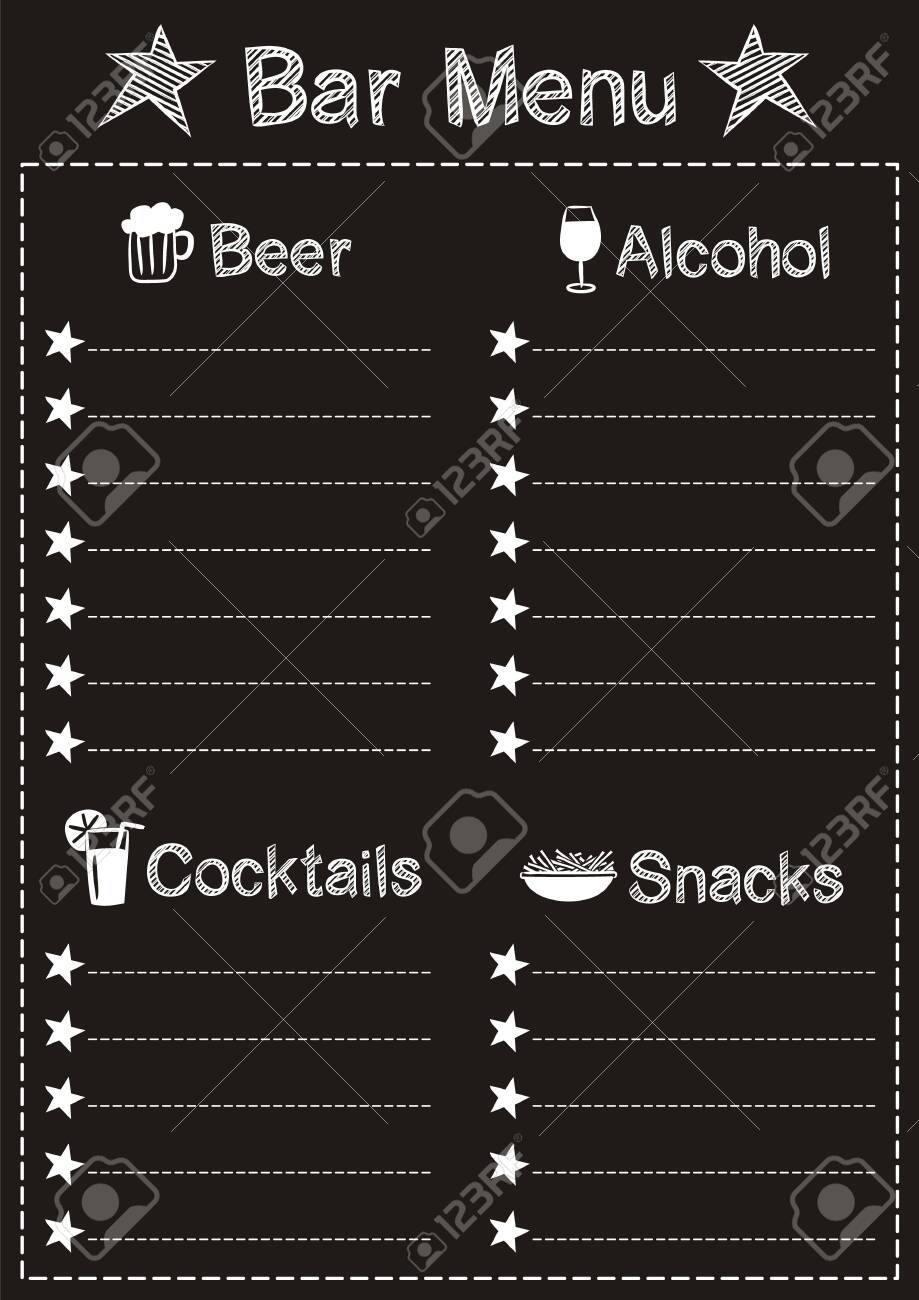 menu-template-for-the-bar-in-chalk-style-on-a-black-chalkboard-chalk-font-and-icons-for-beer-alcohol-cocktails-and-snacks-blank-for-print-or-poster-vector-illustration-royalty-free-svg