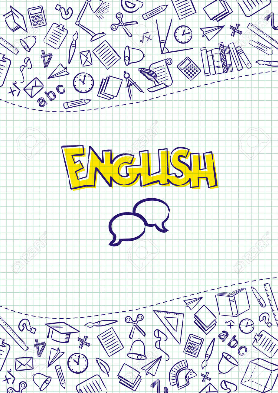 English Cover For A School Notebook Or English Textbook Hand Drawn School Objects On A Checkered Notebook Background Blank For Educational Or Scientific Poster Vector Illustration Royalty Free Cliparts Vectors And Stock Illustration
