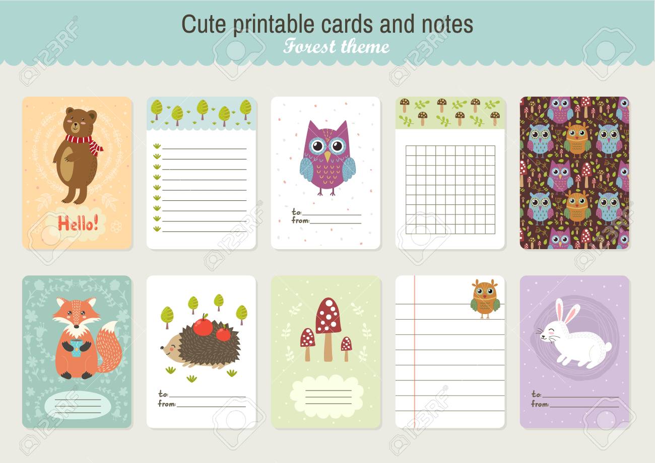 かわいい印刷可能なベクトル カードとノートのセットです 森のテーマ のイラスト素材 ベクタ Image