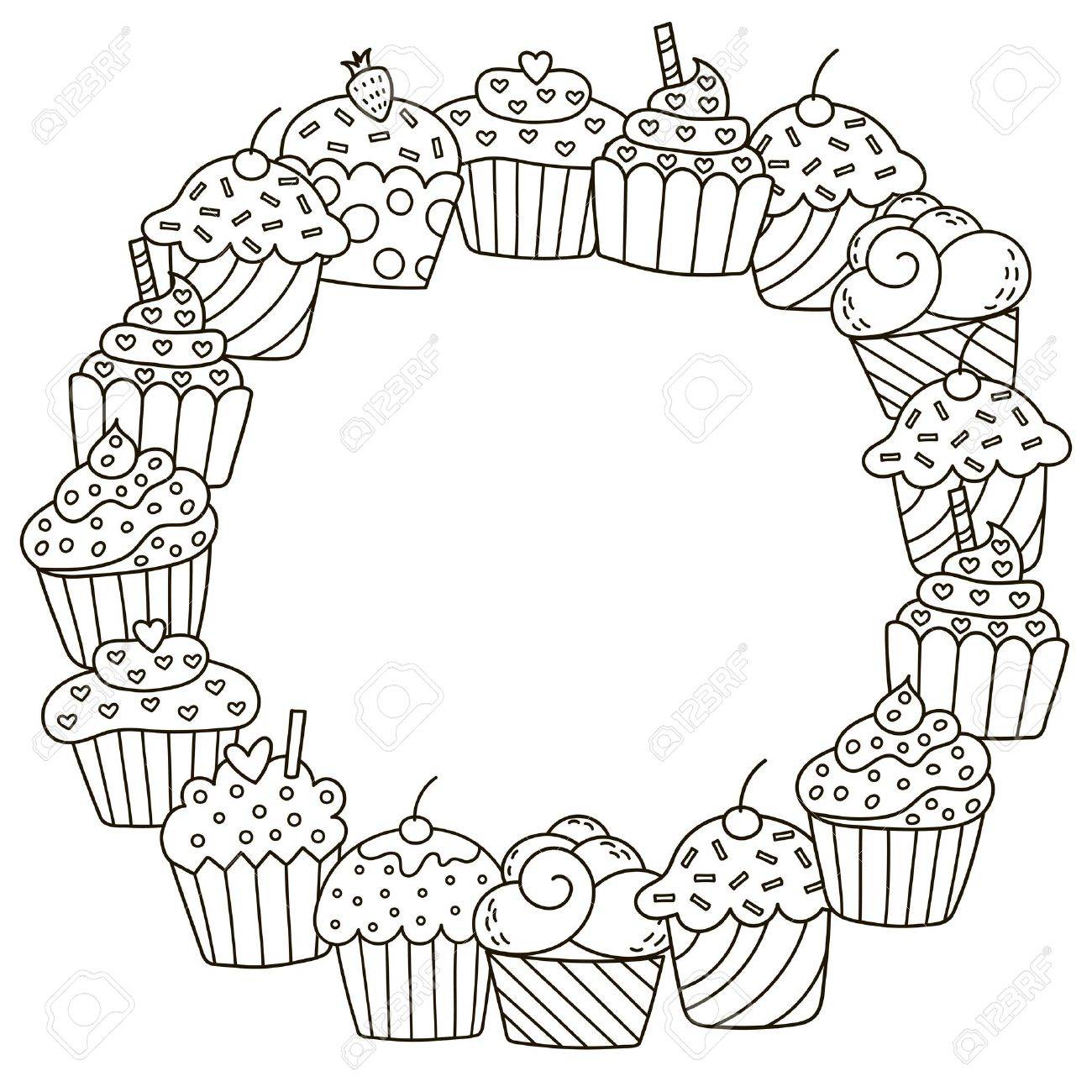 Cadre Noir Et Blanc Avec Des Petits Gateaux Mignons Pour Livre De Coloriage Clip Art Libres De Droits Vecteurs Et Illustration Image