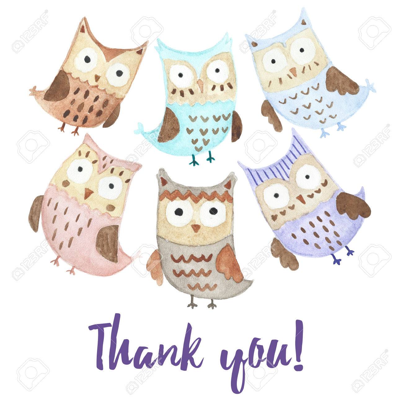 かわいいフクロウのお礼状 水彩イラスト の写真素材 画像素材 Image