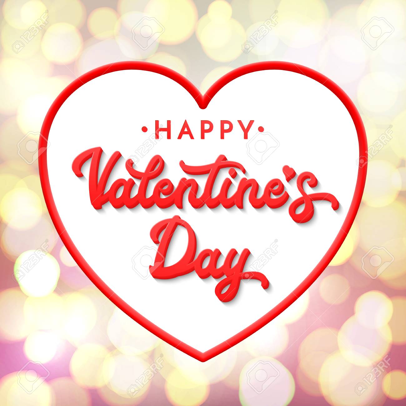 3 D 文字ハッピーバレンタインデー ぼやけたゴールド ボケ ライトと抽象的に刻まれた文字をレタリングします 赤いハート形のフレームとグリーティング カードまたはバナーを祝います フォントの図 のイラスト素材 ベクタ Image