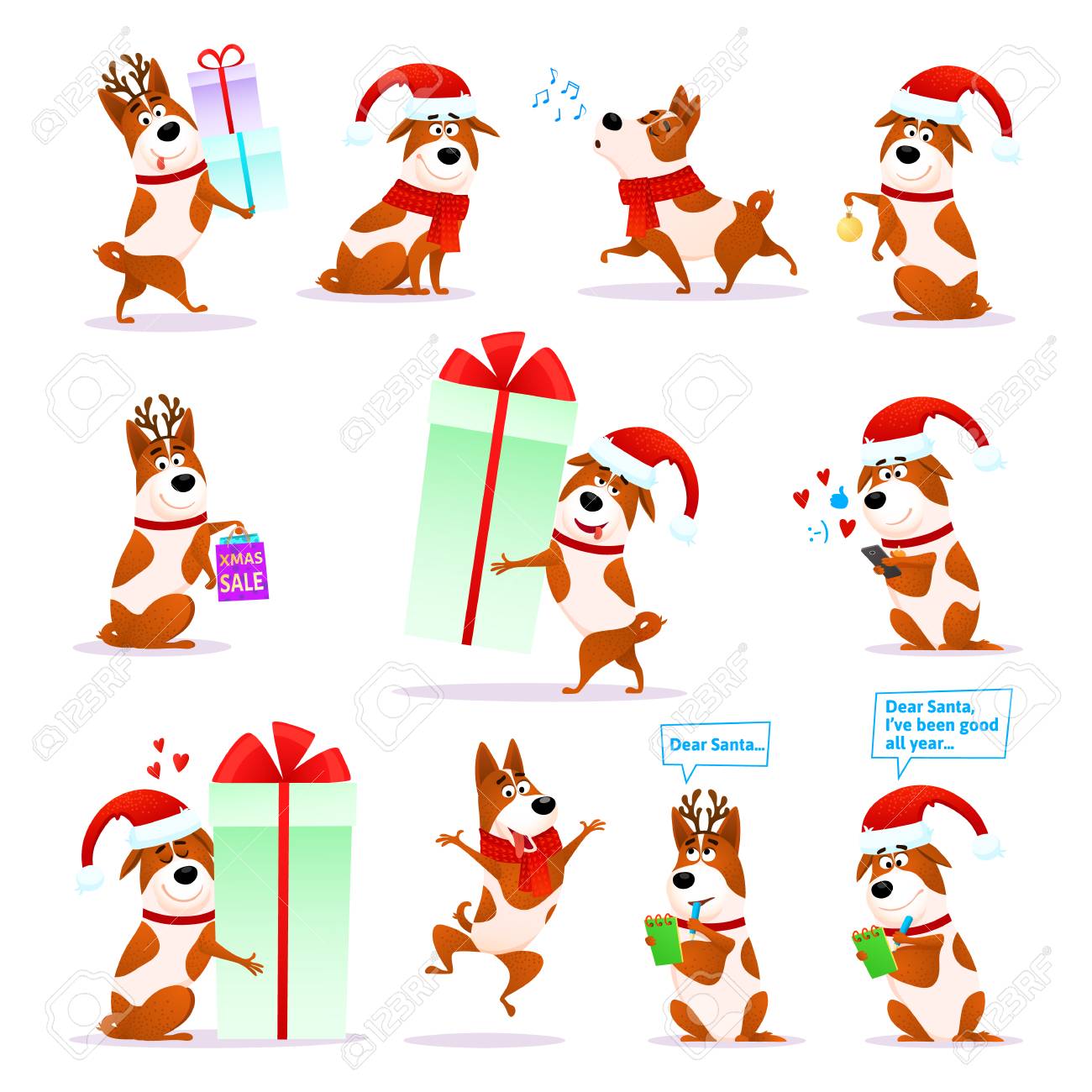 クリスマス面白い漫画犬絵文字を設定します クリスマス フラット子犬絵文字コレクション 白い背景に鹿の角とサンタの帽子を着て幸せテリア のイラスト素材 ベクタ Image 1817