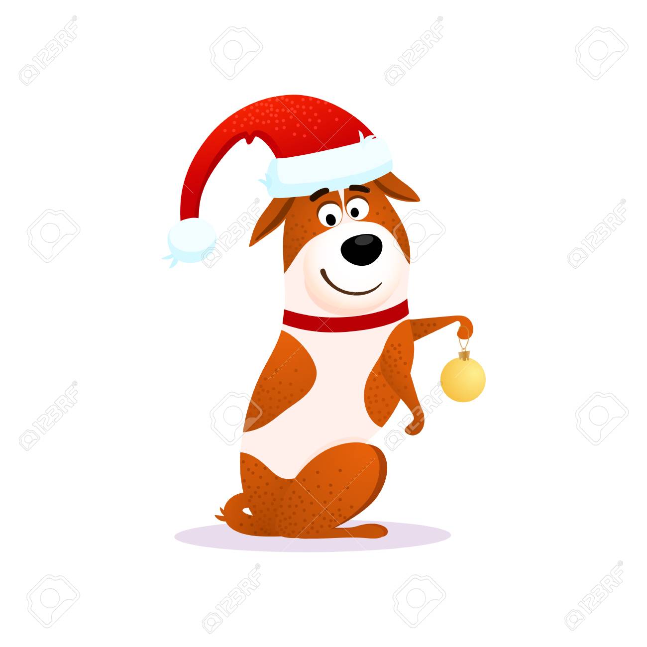 クリスマスの装飾を持つ幸せな漫画犬 クリスマス面白いフラット キャラクター デザイン 白い背景で隔離の子犬 テリアは赤いサンタ クロースの帽子をかぶっています クリスマスや新年 18年のベクター イラストです の写真素材 画像素材 Image