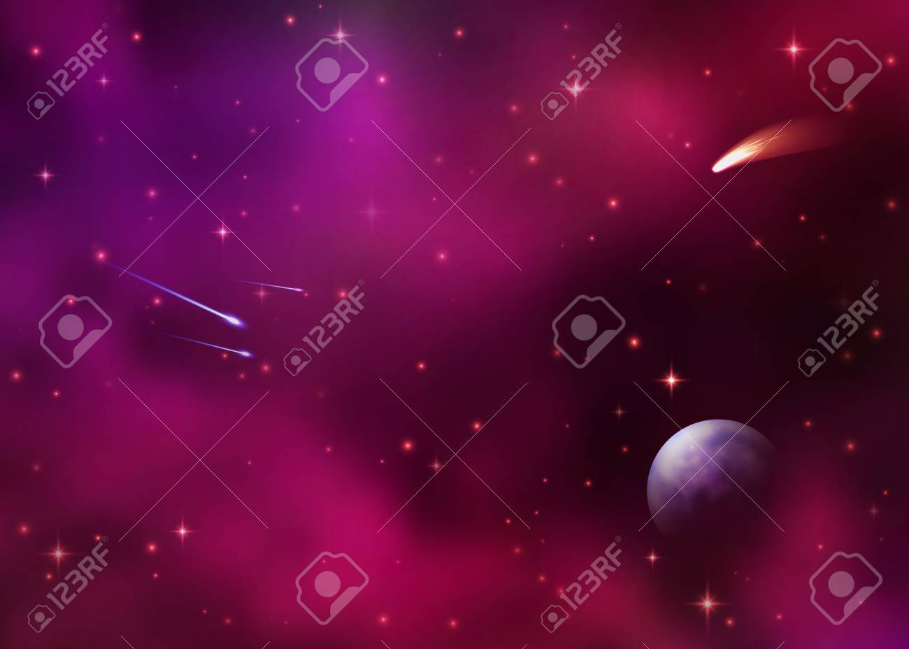 Fundo Cosmico Da Galaxia Com Nebulosa Colorida Stardust E As Estrelas De Brilho Brilhantes Espaco Sideral Com Estrelas Cadentes Cometa Terra Planeta Starburst Asteroide E Meteoro Ilustracao Do Vetor Do Ceu Do