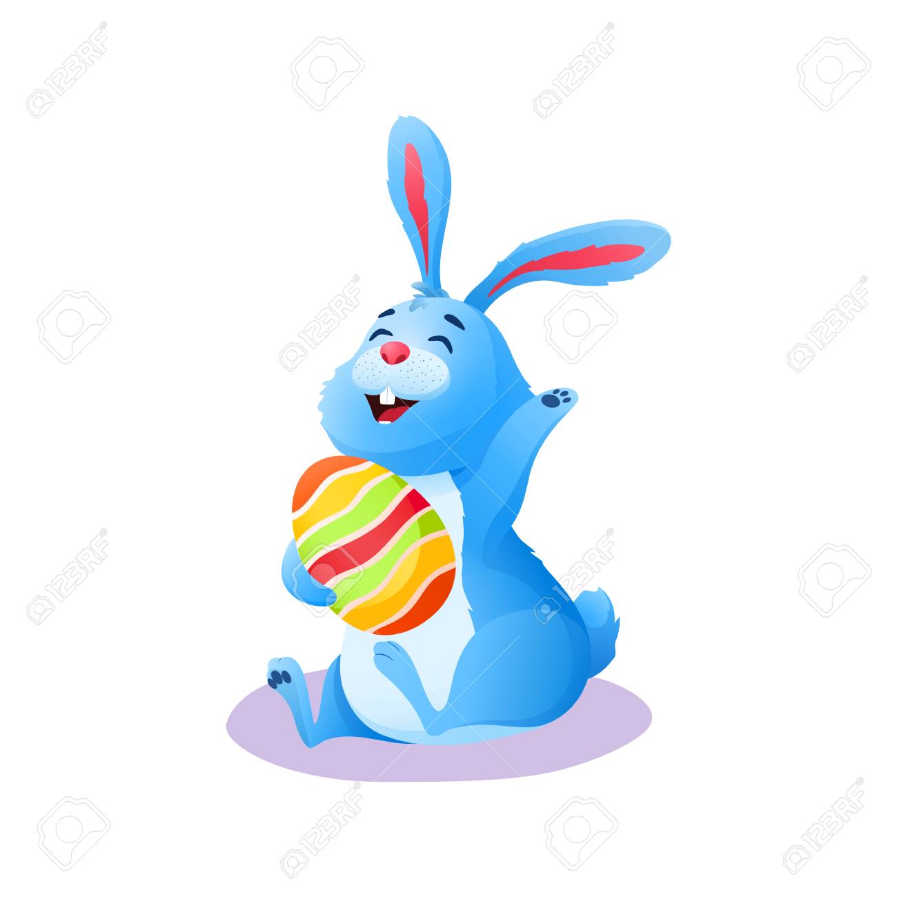 かわいい笑顔の漫画イースターウサギは 白い背景に孤立したパシャルと一緒に座ってチョコレートの卵を描きました フラットハッピーイースター バニー 休日のグリーティングカードのための装飾 カラフルなベクトルイラスト のイラスト素材 ベクタ Image