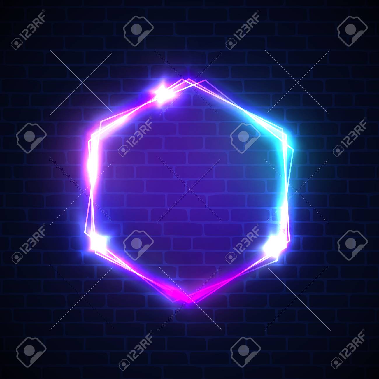 glowing sign with neon lights on dark brick wall background