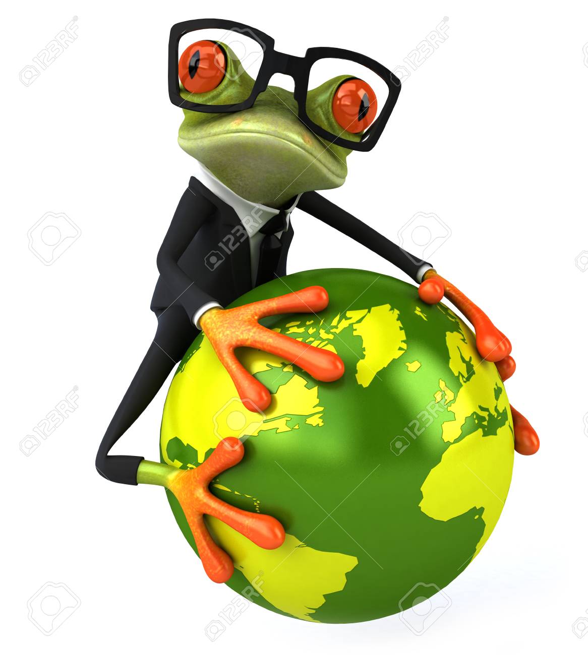 Rana De Dibujos Animados En Un Traje Y Globo Terraqueo Fotos