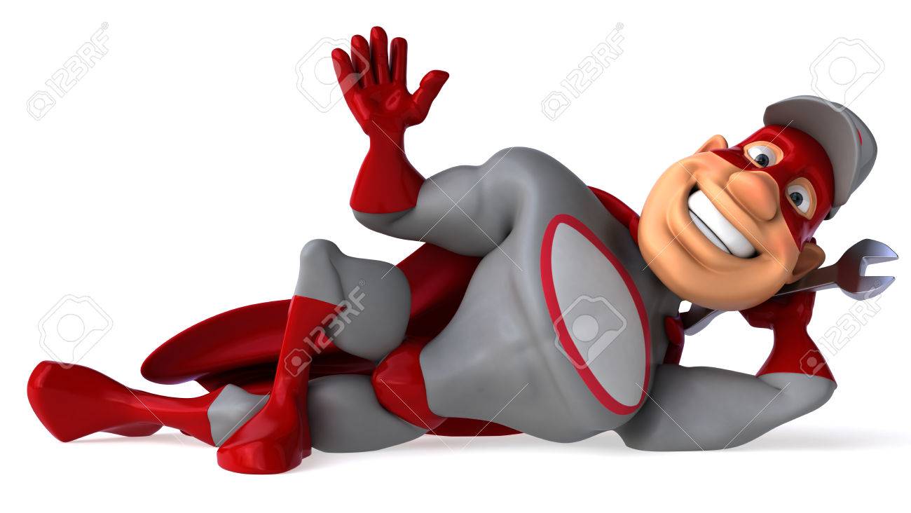 Karikatur Superheld Mit Schraubenschlussel Liegend Und Posiert Lizenzfreie Fotos Bilder Und Stock Fotografie Image 80463244
