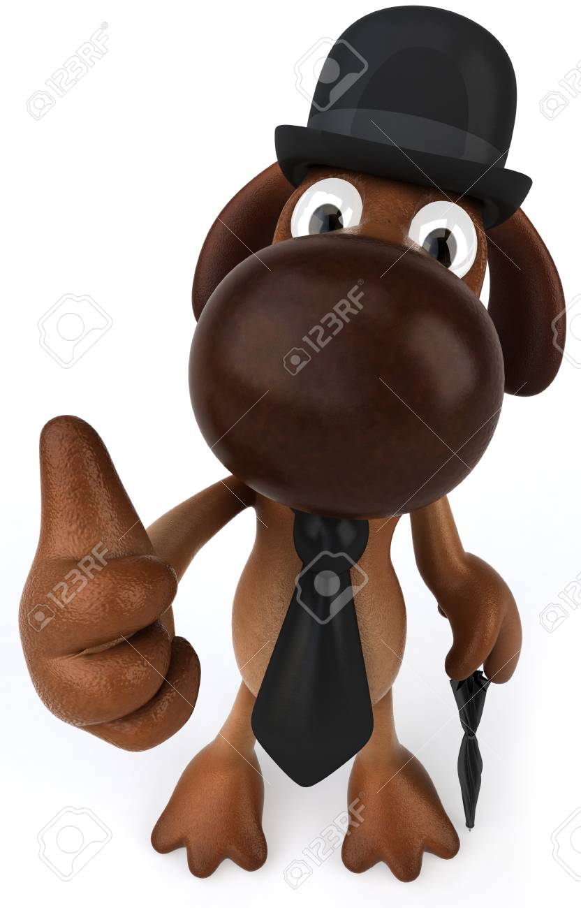 Chien De Dessin Animé Avec Bol Chapeau Et Une Cravate Tenant Un Parapluie Montrant Les Pouces Vers Le Haut