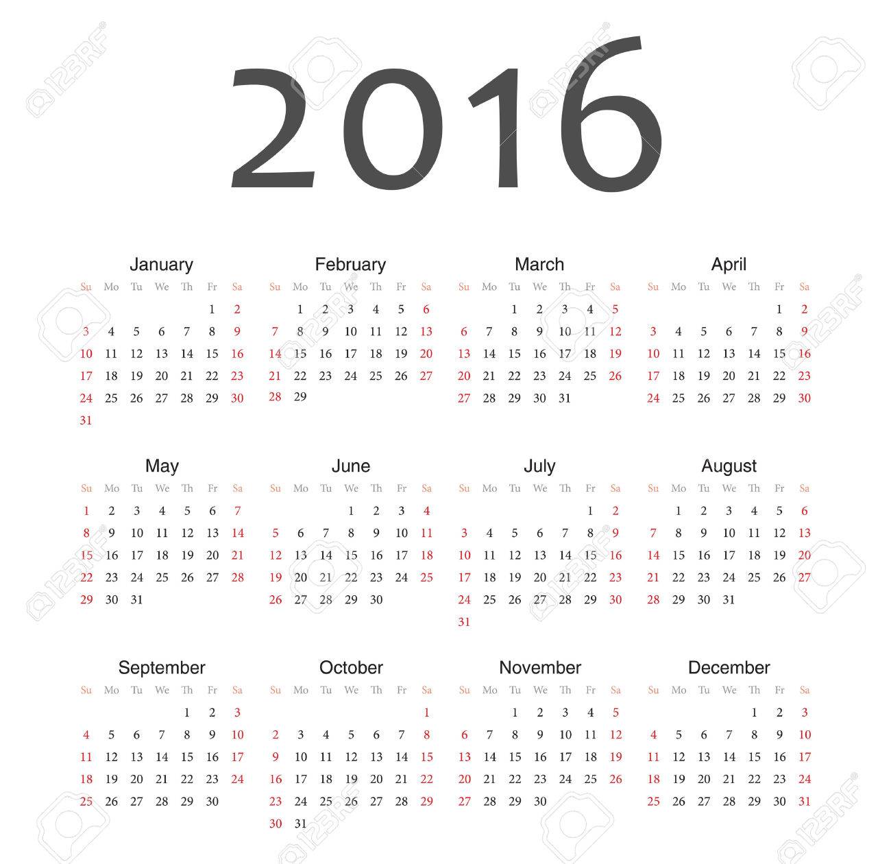 Simple European 16 Year Vector Calendar Week Starts From Sunday Royalty Free Cliparts Vectors And Stock Illustration Image