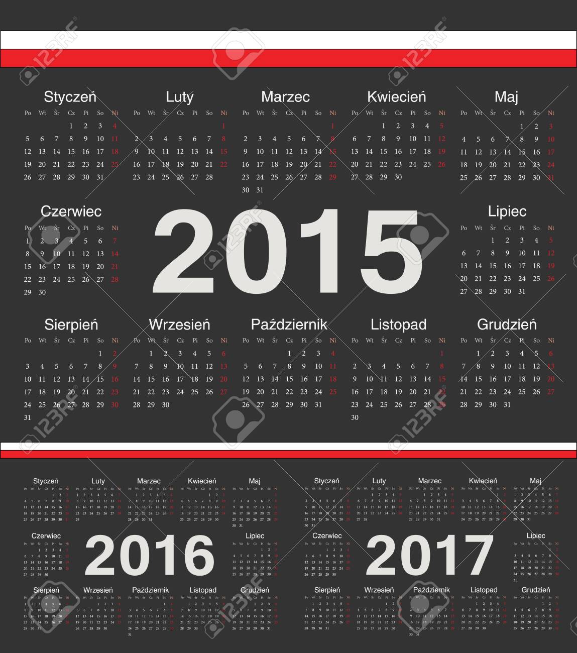 ベクトル黒ポーランド語サークル カレンダー 2015 年 2016 年 2017 週