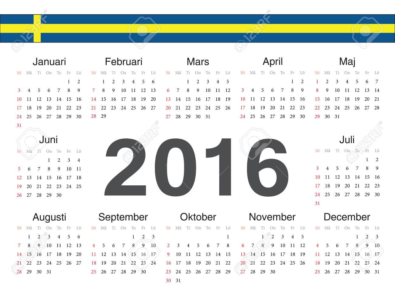 ベクトル スウェーデン円カレンダー 16 年 1 週間は日曜日から始まります のイラスト素材 ベクタ Image