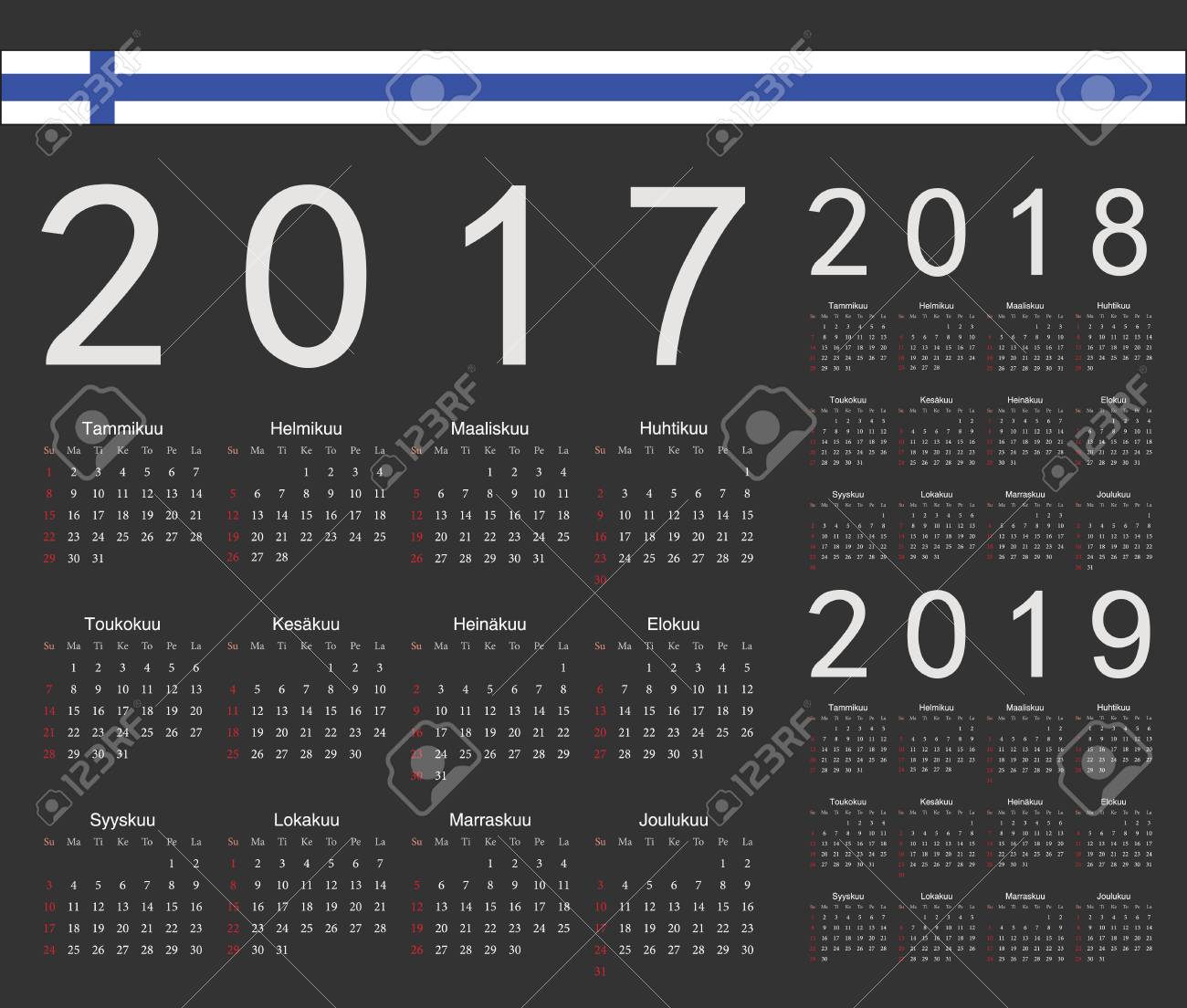 set of black finnish 2017 2018 2019 year vector calendars black calendars 2019