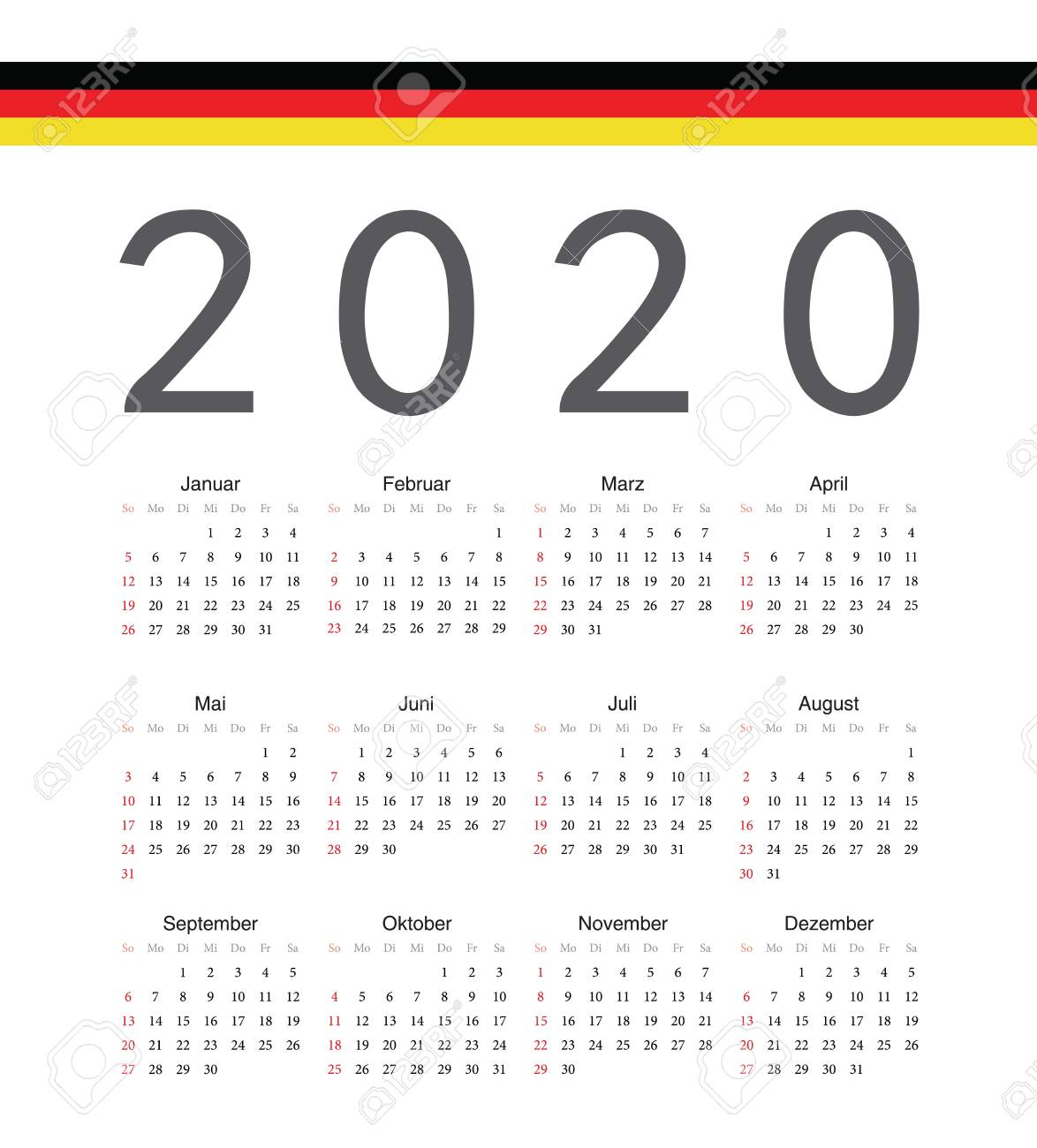 square german 2020 year vector calendar week starts from sunday week calendar for 2020