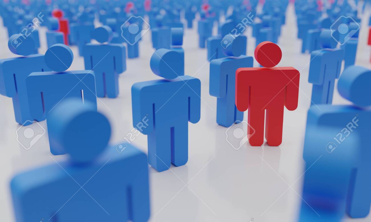 Social distance concept. Too many people with infected man in red symbolizing a contagious epidemic of Covid-19, 3d rendering - 151862879 Social distance concept. Too many people with infected man in red symbolizing a contagious epidemic of Covid-19, 3d rendering - 151862879