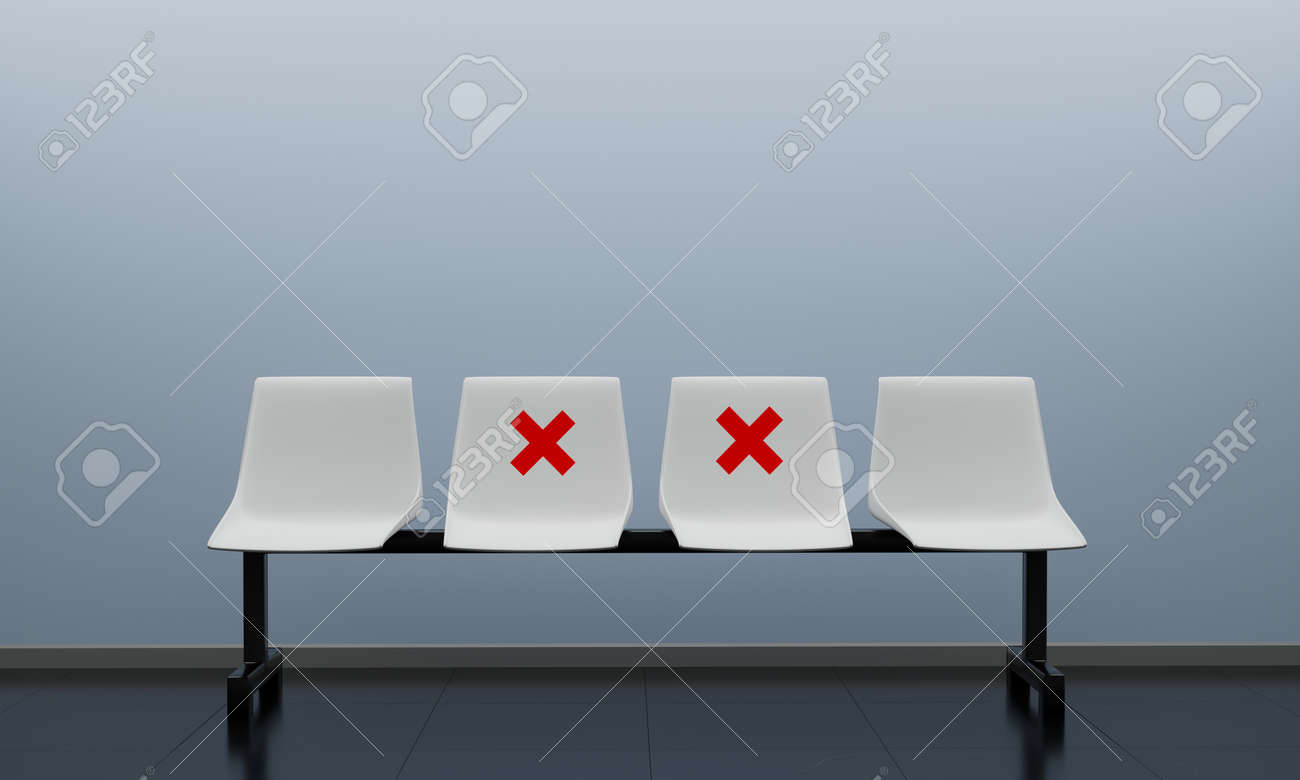 The chairs make separate for social distancing by red cross, increasing physical space between people to avoid spreading illness during outbreak of COVID-19. 3D rendering - 151862881 The chairs make separate for social distancing by red cross, increasing physical space between people to avoid spreading illness during outbreak of COVID-19. 3D rendering - 151862881