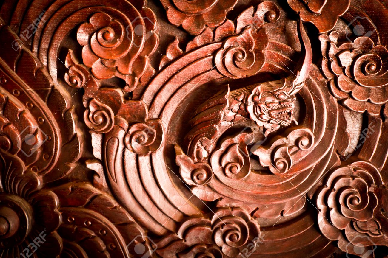 Thai Wood Carving, The Naga Stock Photo, Picture and Royalty Free