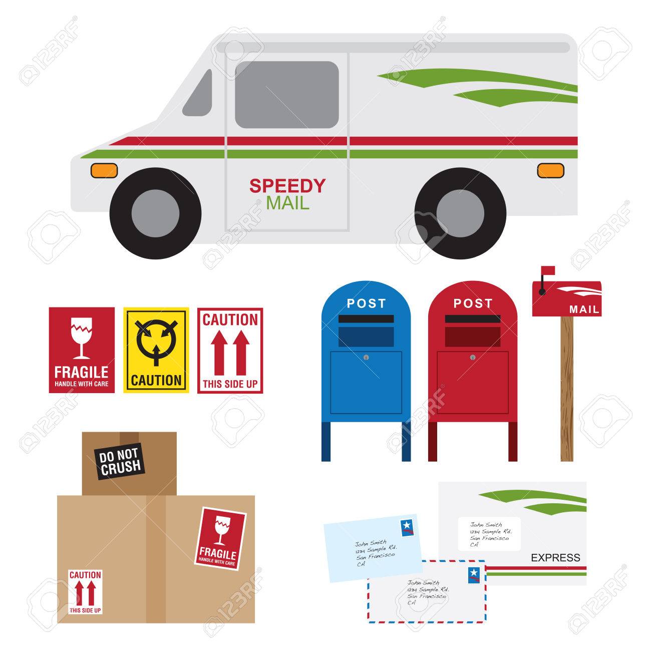 郵便車 ポスト ボックス メール ボックス 配布ボックスおよび手紙を含む郵便サービス項目のベクトル イラスト のイラスト素材 ベクタ Image
