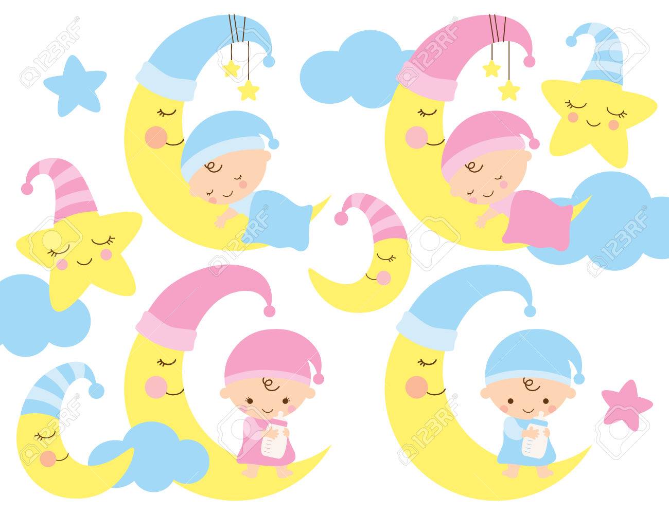 Bebe Sur L Illustration Vectorielle De La Lune Mignon Bebe Garcon Et Fille Dormant Et Assis Sur La Lune Clip Art Libres De Droits Vecteurs Et Illustration Image