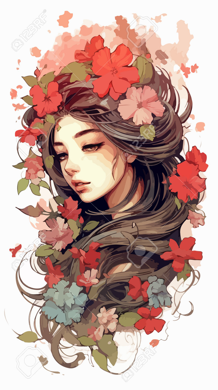 カラフルな花と女性のイラスト 0908272336303c622bac8626d62dbc
