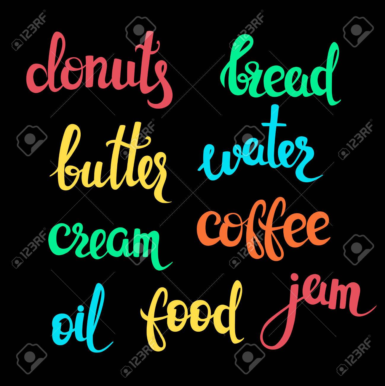 食のテーマの文字 ベクトルの図 手書きの単語 オリジナル デザイン カリグラフィのアイコン パン コーヒー バター油水クリーム ジャム ドーナツの イラスト素材 ベクタ Image