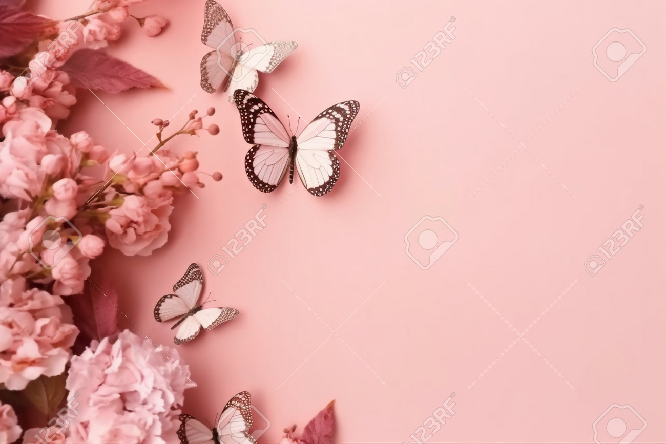 Beautiful Pink Flowers And Butterflies On A Pink Background With Copy Space  Stock Photo, Picture and Royalty Free Image. Image 205359042., image size:1300x867
