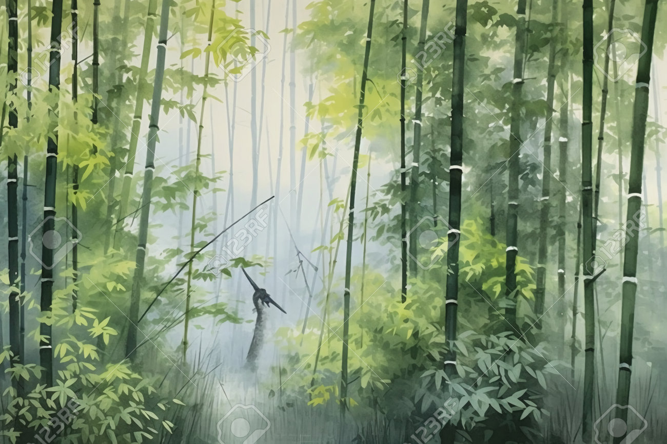 朝の竹林。キャンバスに水彩画。の写真素材・画像素材 Image 206548973