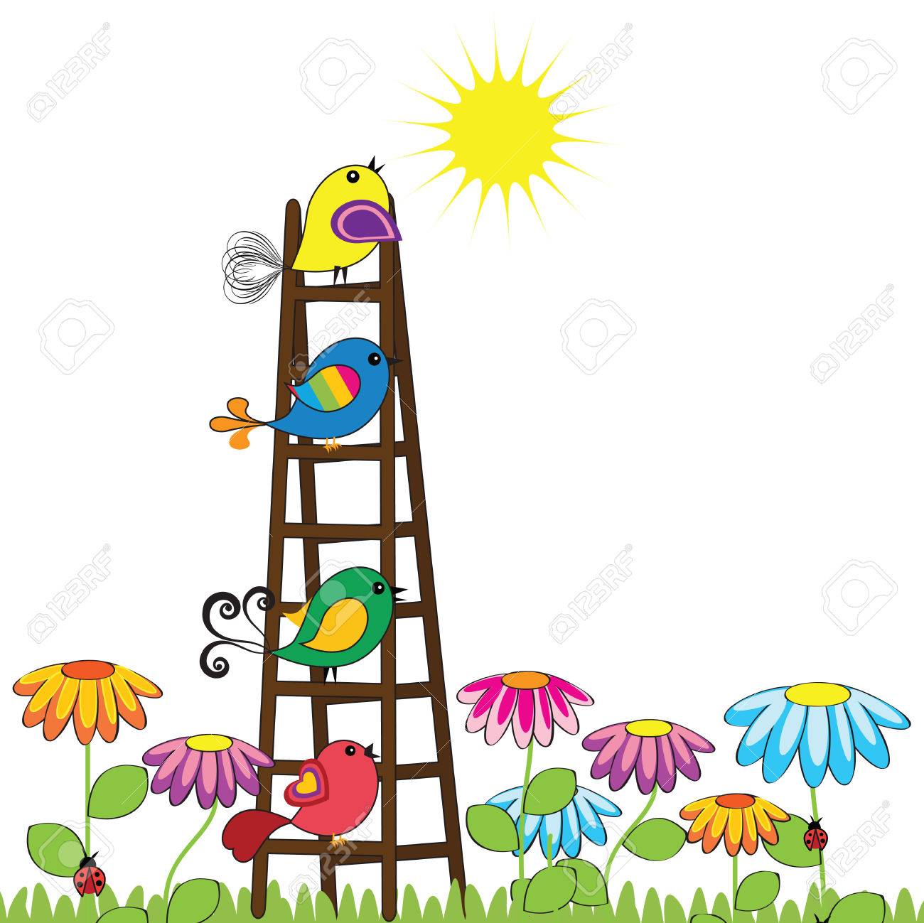 梯子の上のカラフルでかわいい鳥のイラスト素材 ベクタ Image