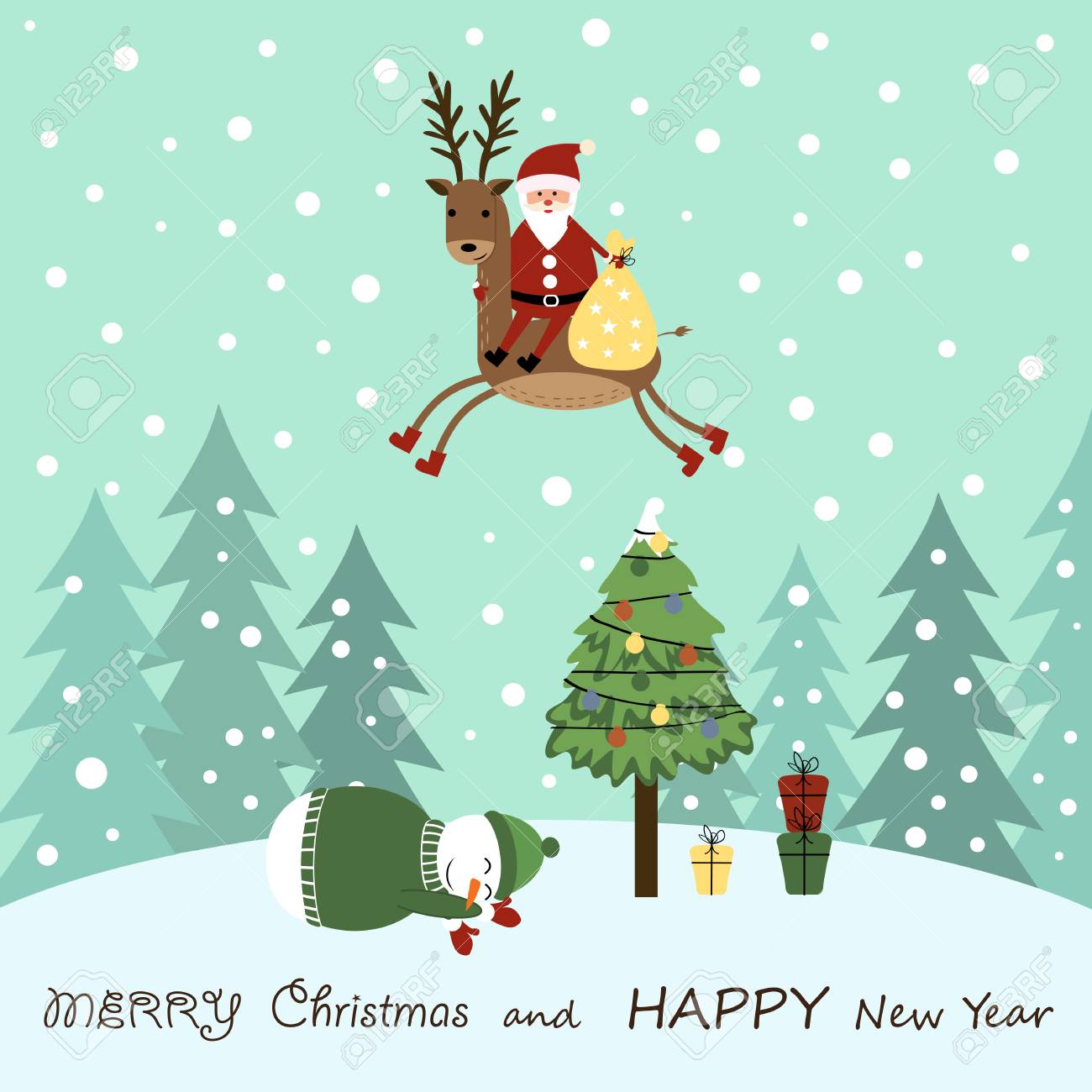 トナカイとサンタのかわいい漫画クリスマス カードのイラスト素材 ベクタ Image