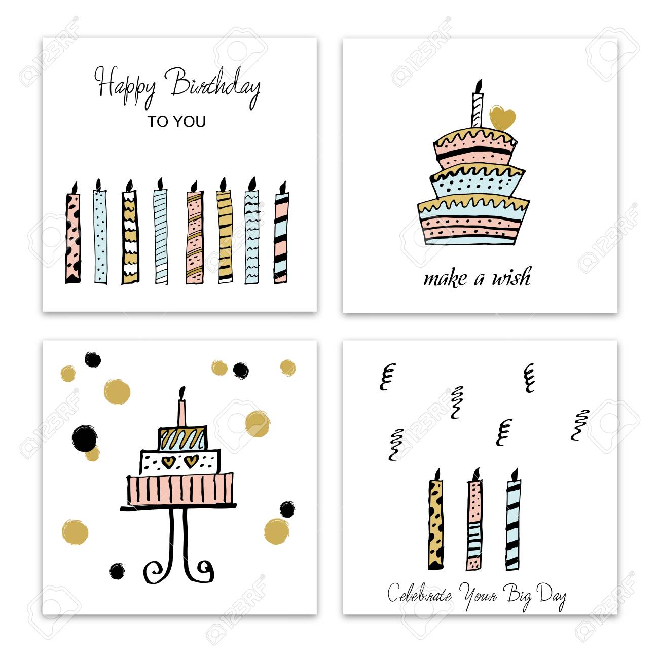 幸せな誕生日カードを設定します ベクトルは手描き下ろしイラストです のイラスト素材 ベクタ Image