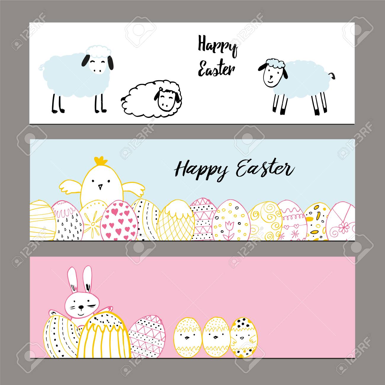 cute banners with hand drawn easter illustrations royalty free